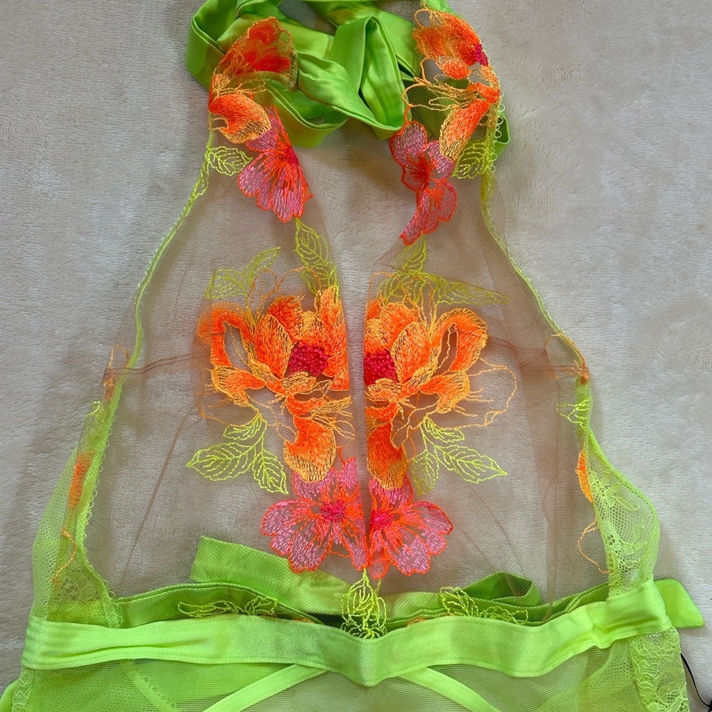 Honey Birdette Christine Yellow - Neon Floral Embroidered Sheer Bodysuit - NWT
